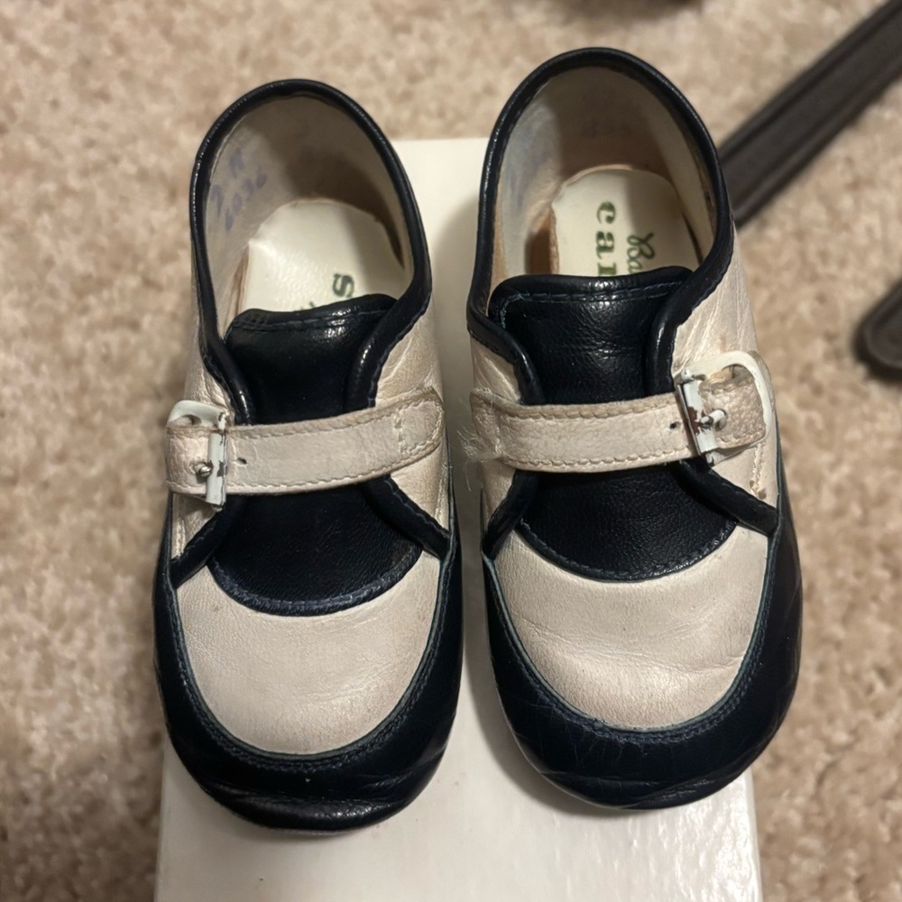 Vintage Baby Deer Cameos Blue & White Saddle Oxfords Baby Shoes Weathered 1950